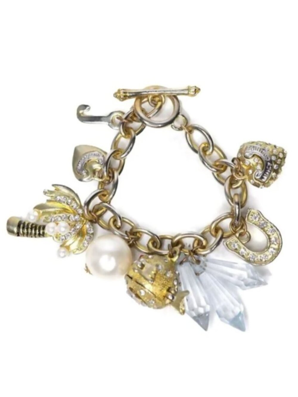 Vintage Juicy Couture Gold Charm Bracelet Y2K Blowfish Heart Crystals Palm Tree